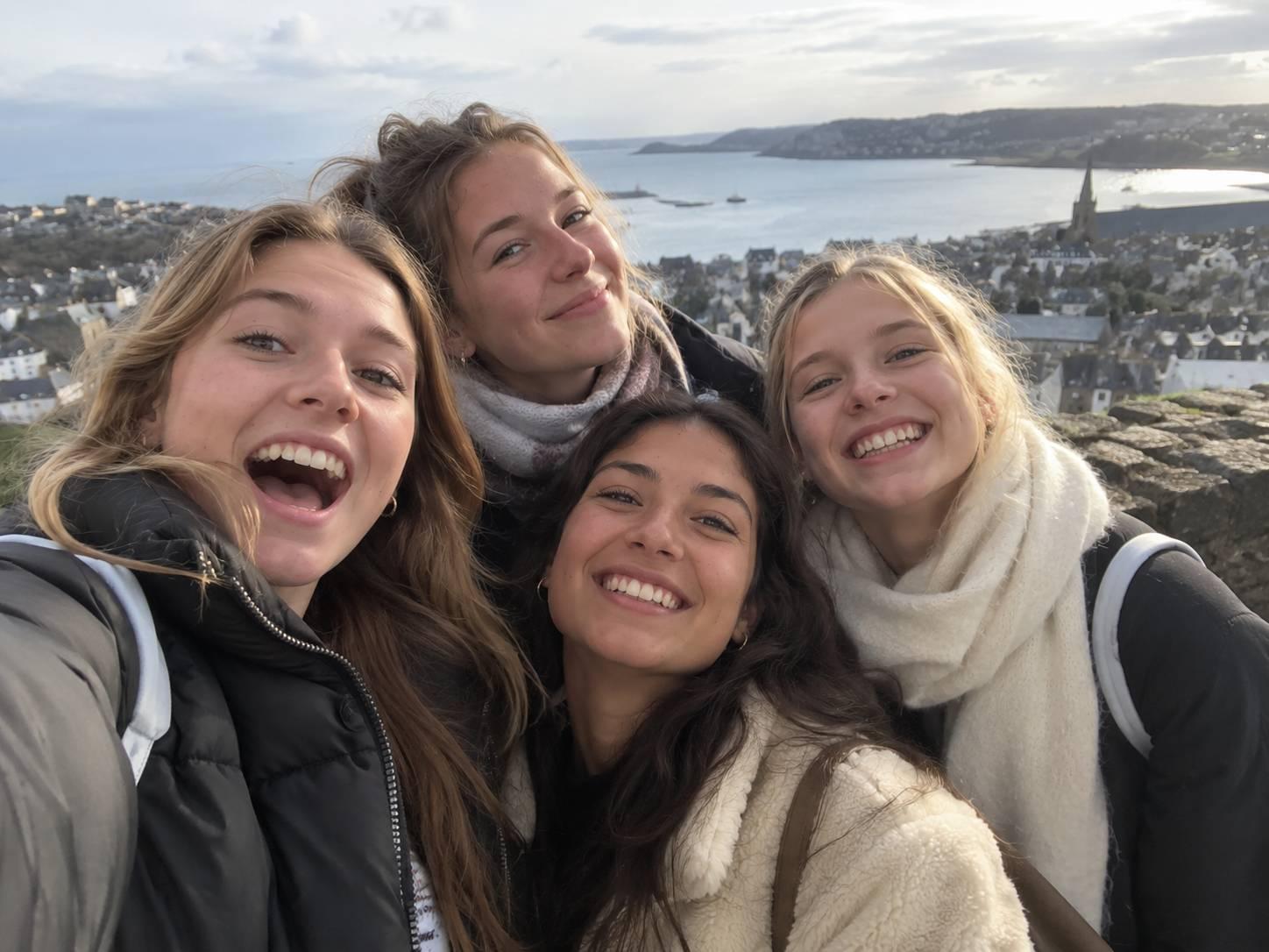 Four friends taking a selfie near a coastal town
