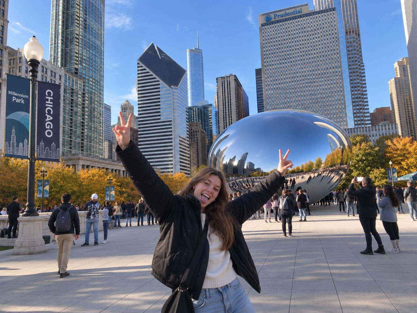 Young woman posing with V victory in Chicago