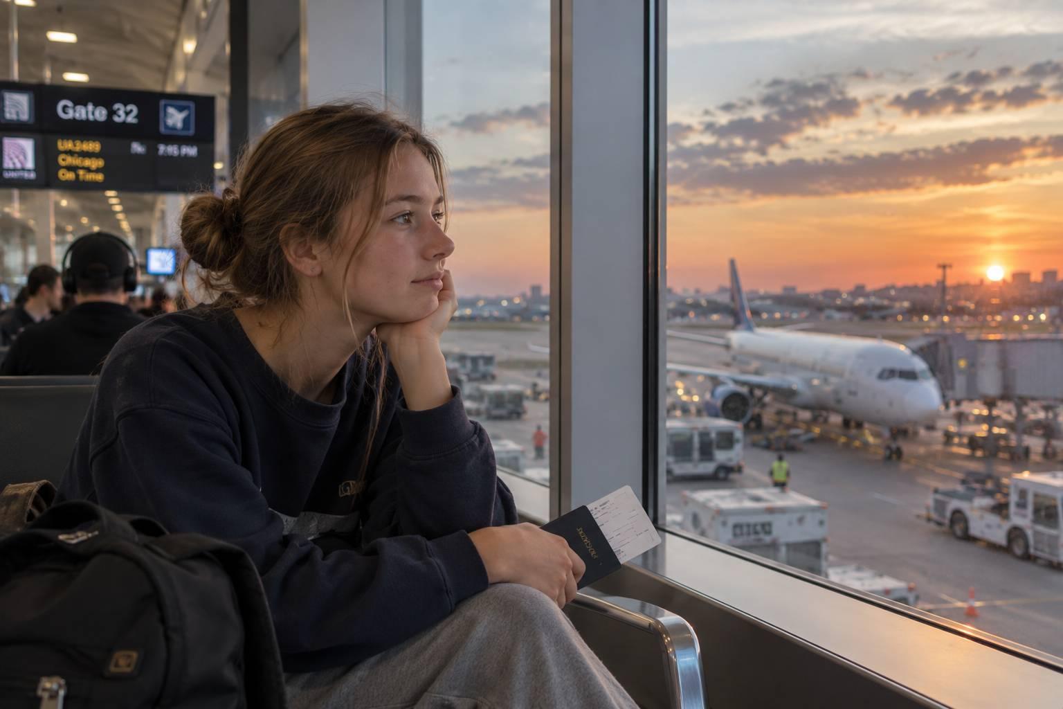 A girl looks out the window at an airport
