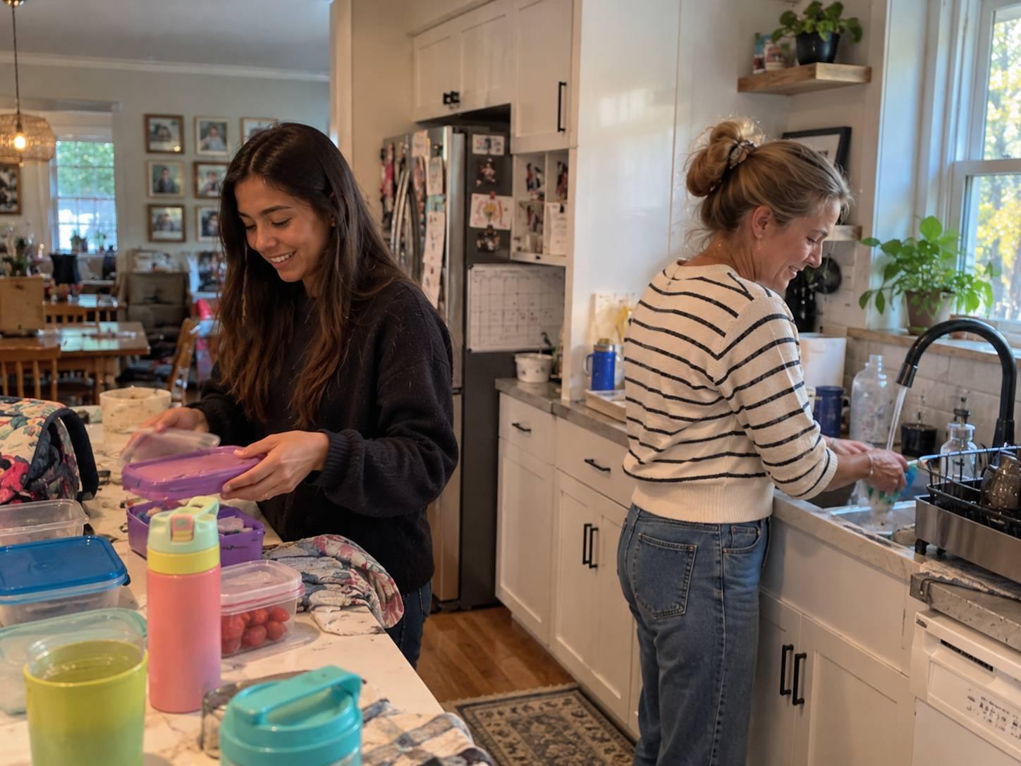 An au pair packs lunches while a mother does the dishes