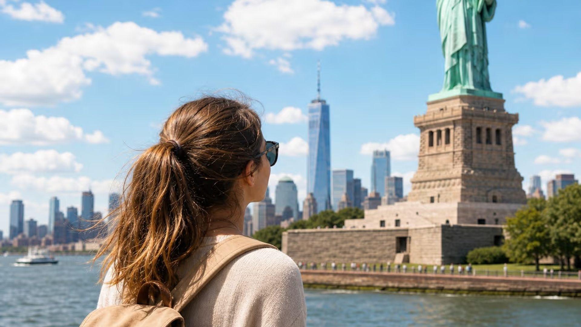 Girl looking at statue of liberty