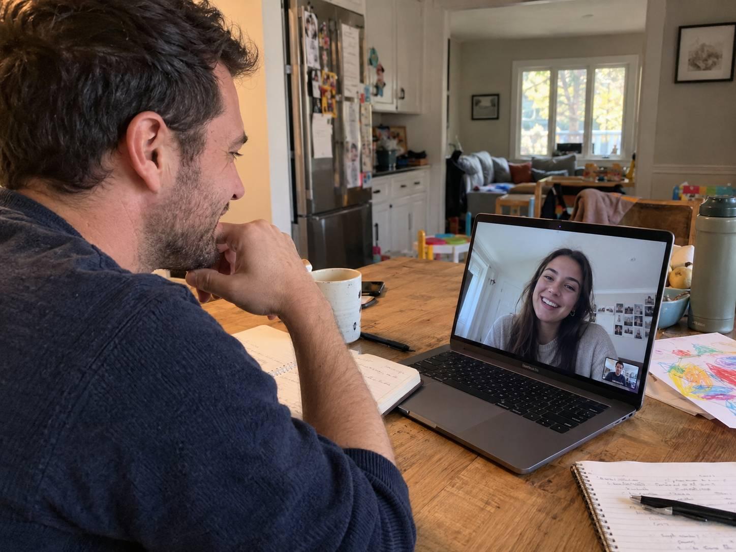 A man has a video call with a young woman on his laptop