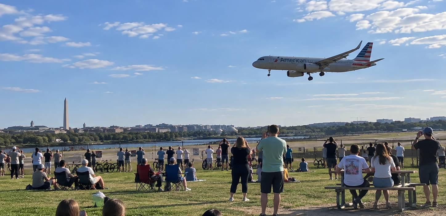 Airplane flying over Gravelly Point