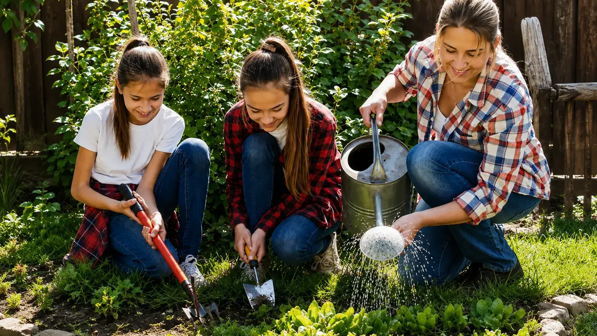 Au pair gardening with children